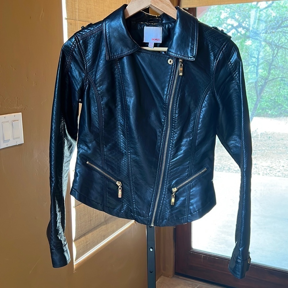 Vintage BONGO Black Faux Leather Motorcycle Jacket Size Medium